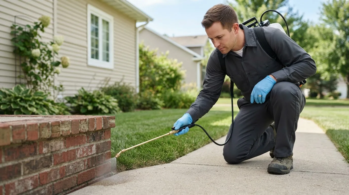 Pest control technician treating a home near North Scituate, RI